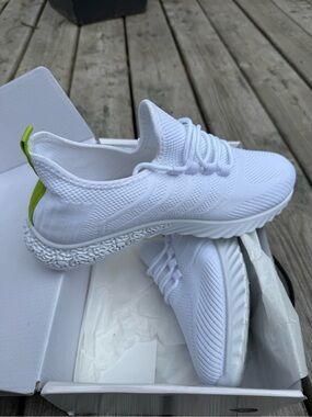 Penningtons White Knit Sneakers with Lime Heel Tab